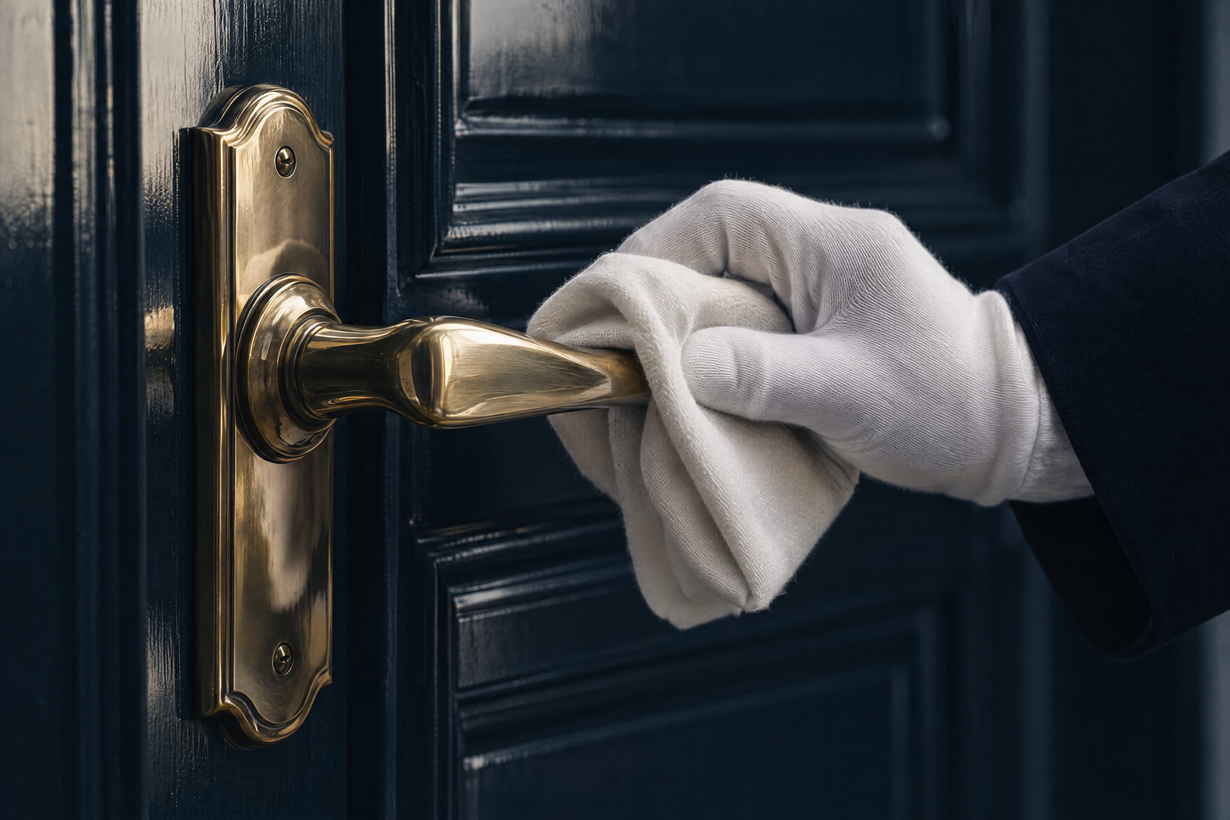 A gloved hand polishing a brass door handle